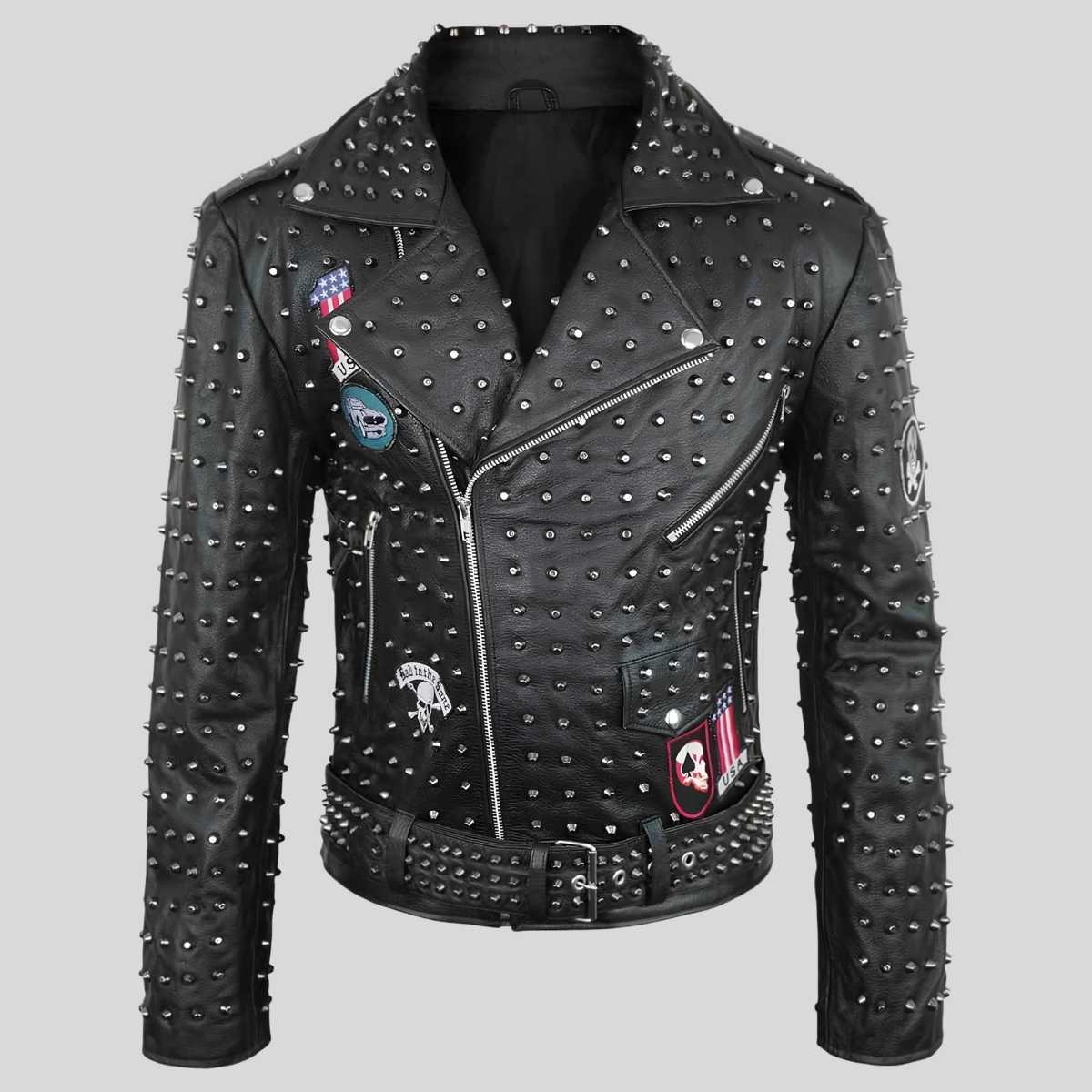 Men's black studded leather jacket covered in cone spikes, front view