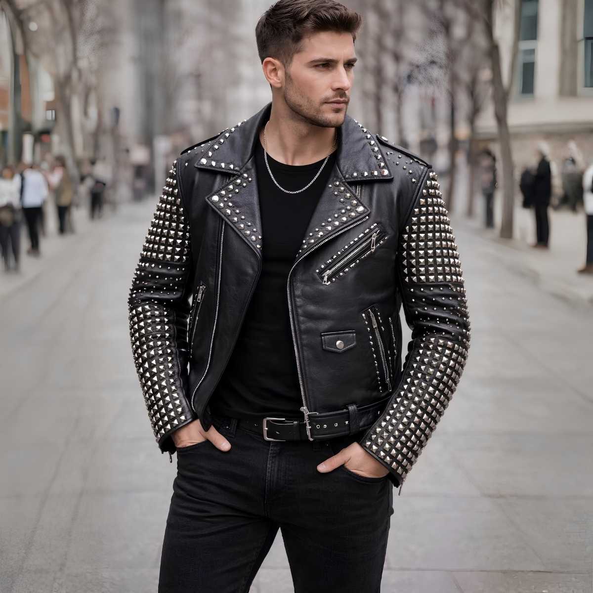 Man wearing black studded leather jacket styled with jeans and boots
