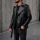 Man wearing black studded leather biker jacket with jeans and boots