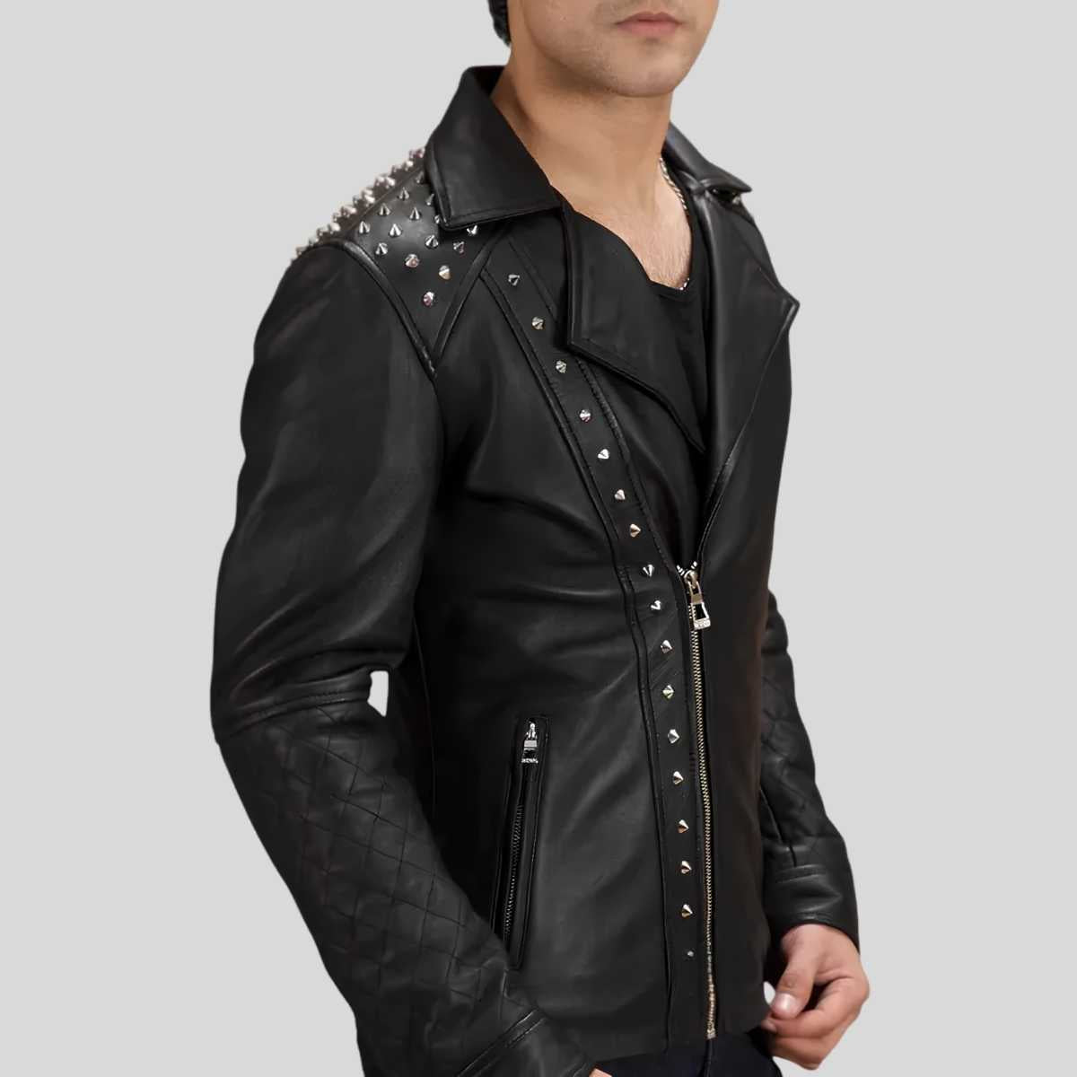 Black leather jacket with studded details on a white background