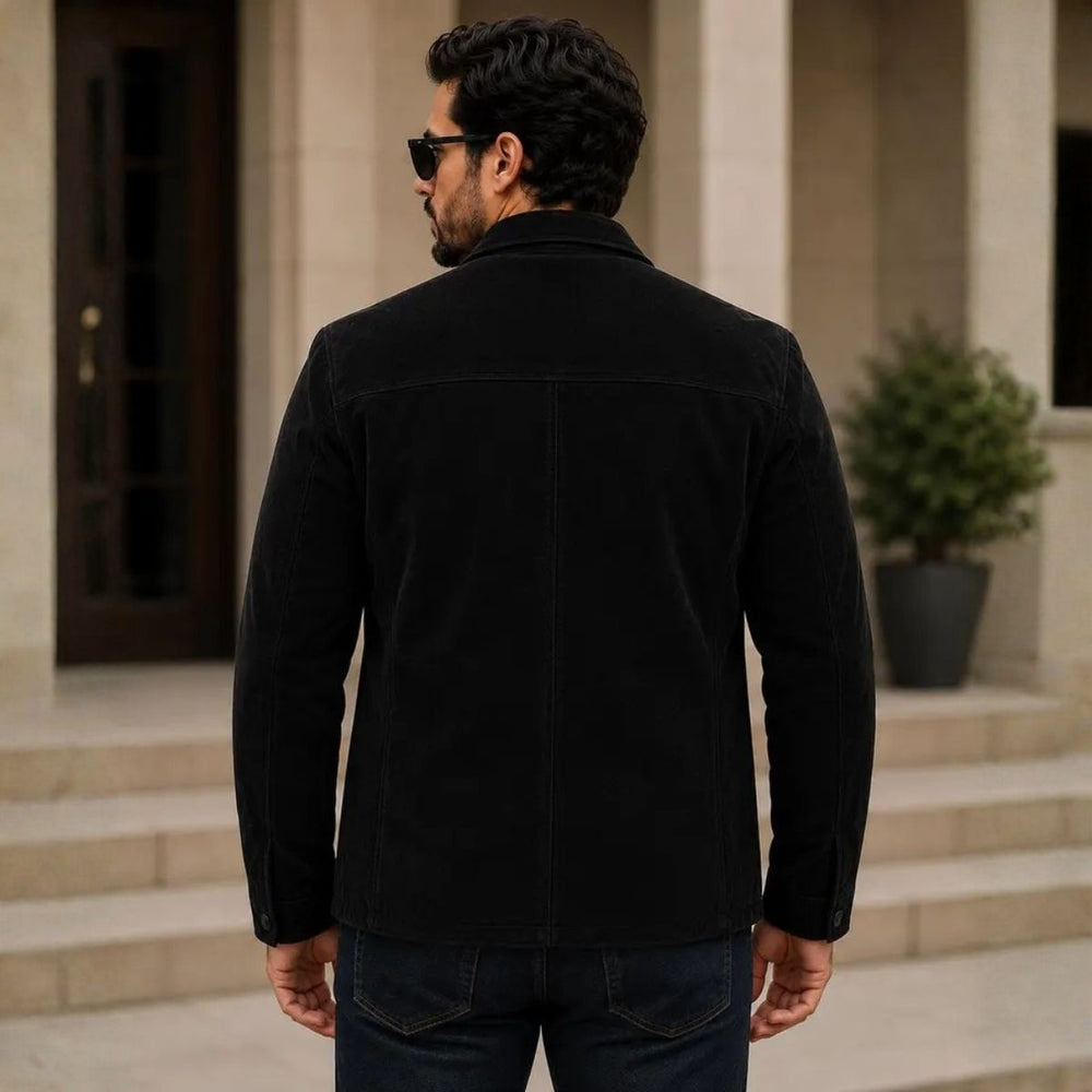 Back view of men's tailored black suede blazer