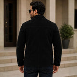 Back view of men's tailored black suede blazer