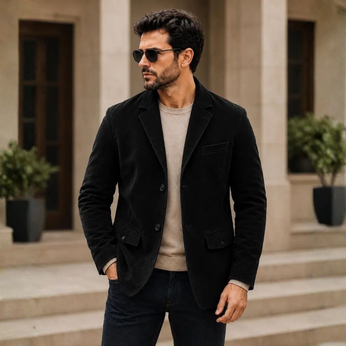 Man wearing black suede blazer with dress shirt