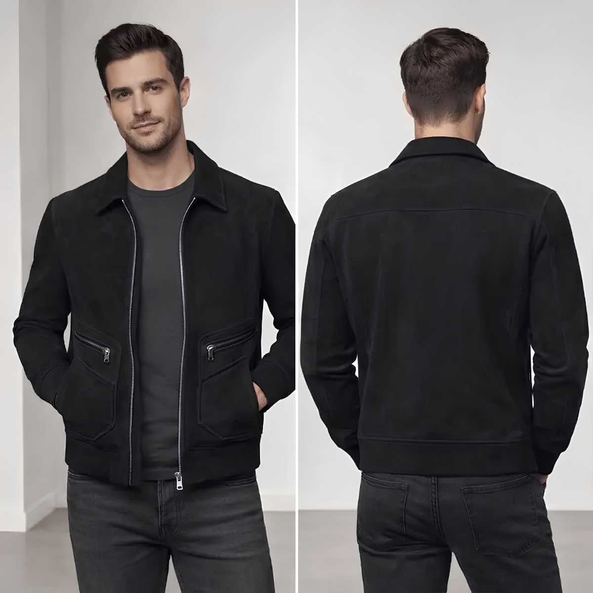 A man modeling a black suede-like zip-front jacket, shown from both the front and back against a clean light gray studio background.