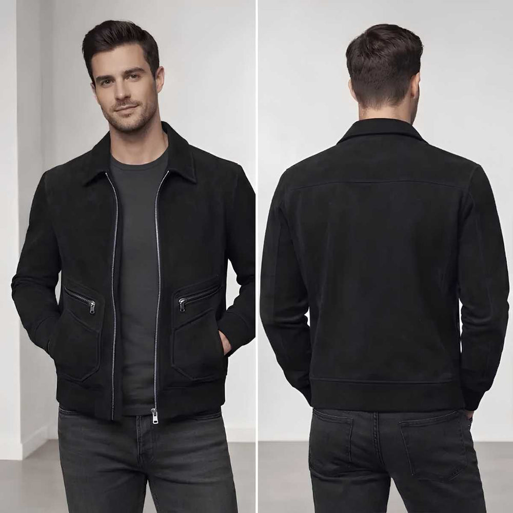 A man modeling a black suede-like zip-front jacket, shown from both the front and back against a clean light gray studio background.