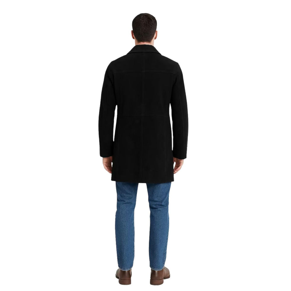 Back view of men's long black suede coat