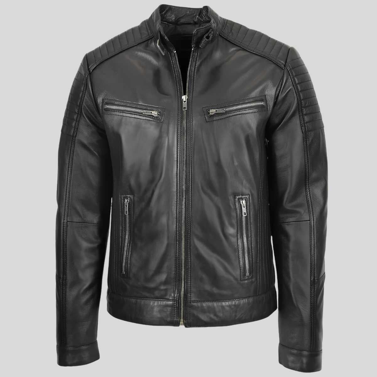 A black leather biker jacket with a full front zipper, zippered chest pockets, and zippered hand pockets, shown against a solid gray background.