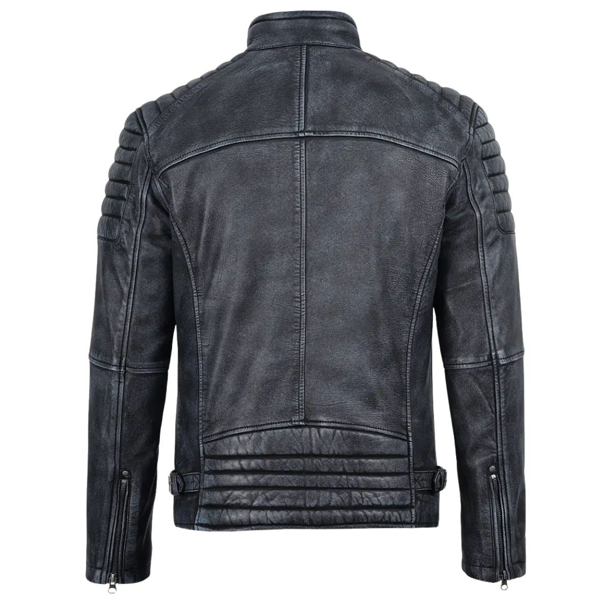 A dark gray distressed leather motorcycle jacket shown from the back, featuring quilted shoulder panels, a high collar, and zippered sleeve details, set against a plain white background.