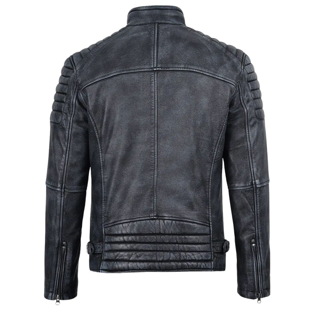 A dark gray distressed leather motorcycle jacket shown from the back, featuring quilted shoulder panels, a high collar, and zippered sleeve details, set against a plain white background.