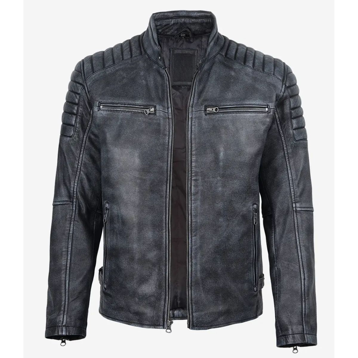 Men's black washed leather jacket with quilted shoulders, front view