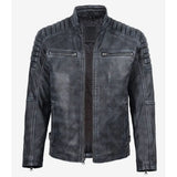 Men's black washed leather jacket with quilted shoulders, front view