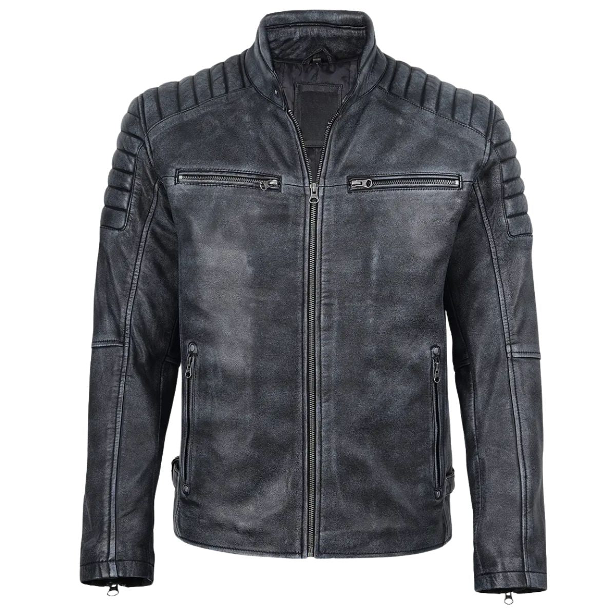A distressed black leather motorcycle jacket with a stand collar, ribbed shoulder panels, and zippered chest pockets, shown on a plain white background.