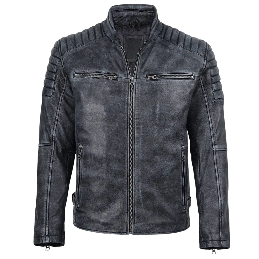 A distressed black leather motorcycle jacket with a stand collar, ribbed shoulder panels, and zippered chest pockets, shown on a plain white background.