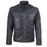 A distressed black leather motorcycle jacket with a stand collar, ribbed shoulder panels, and zippered chest pockets, shown on a plain white background.