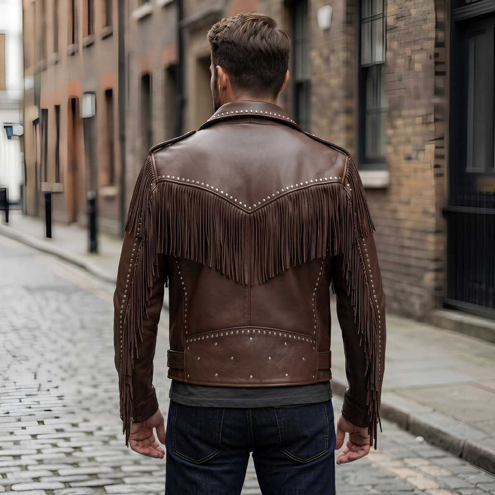 Back view of men's brown leather jacket showing fringe detailing
