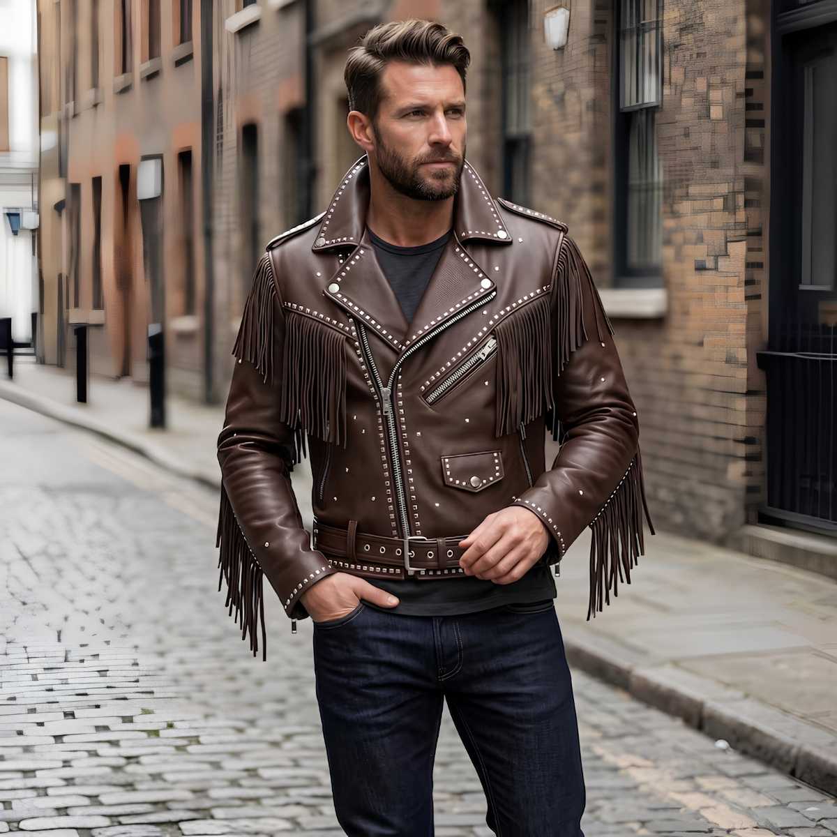 Men's brown fringe western leather jacket with silver studs, front view