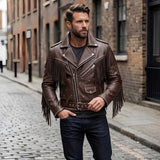 Men's brown fringe western leather jacket with silver studs, front view
