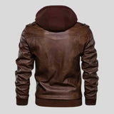Back view of men's brown leather hooded bomber jacket