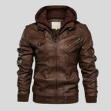 Men's brown lambskin leather bomber jacket with hood, front view