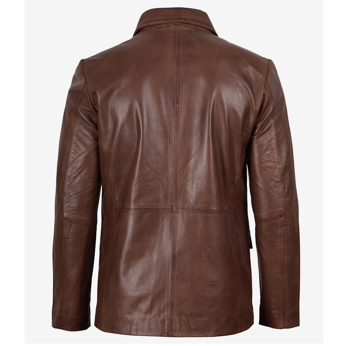 Back view of men's cognac brown leather blazer