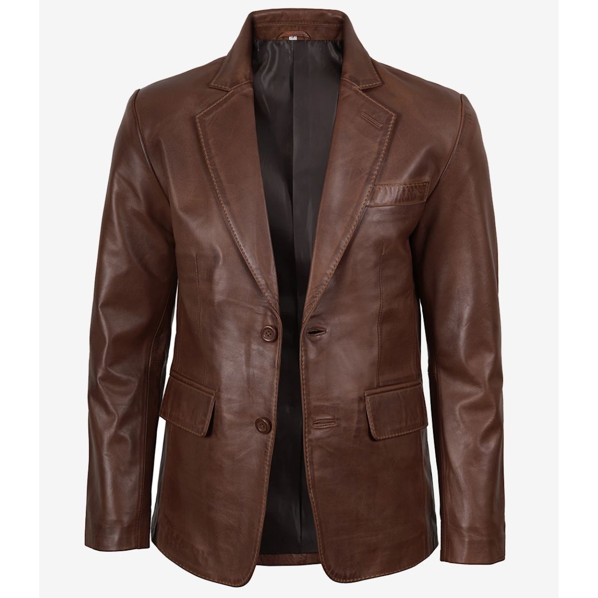 A brown leather blazer jacket with notch lapels, a two-button front closure, and flap pockets, displayed on a white background.
