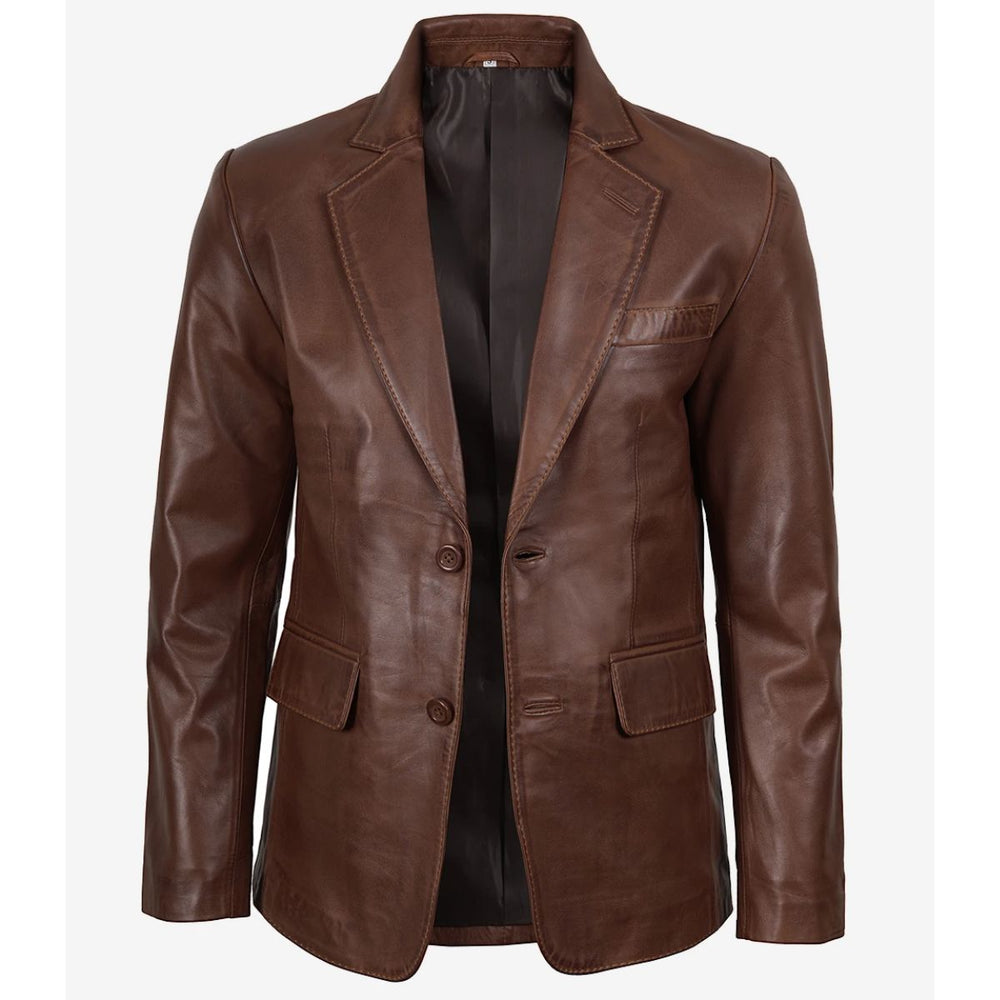 A brown leather blazer jacket with notch lapels, a two-button front closure, and flap pockets, displayed on a white background.