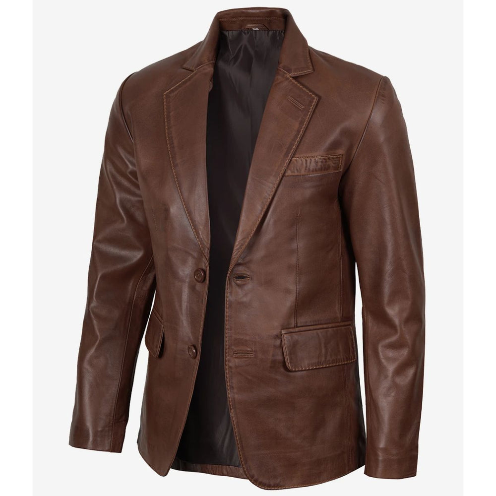 Side profile of men's leather blazer showing tailored fit
