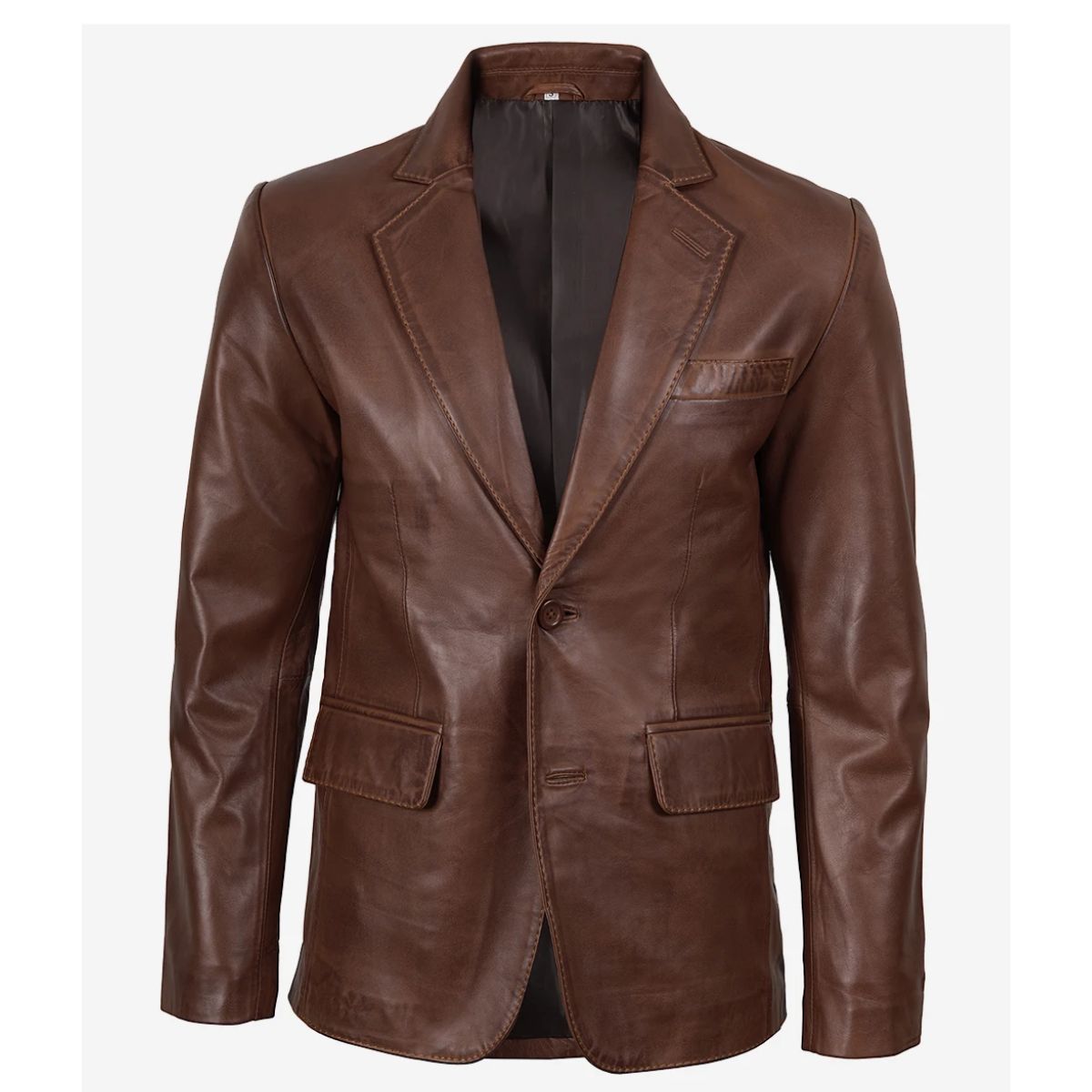 Men's brown leather blazer with notch lapel, front view