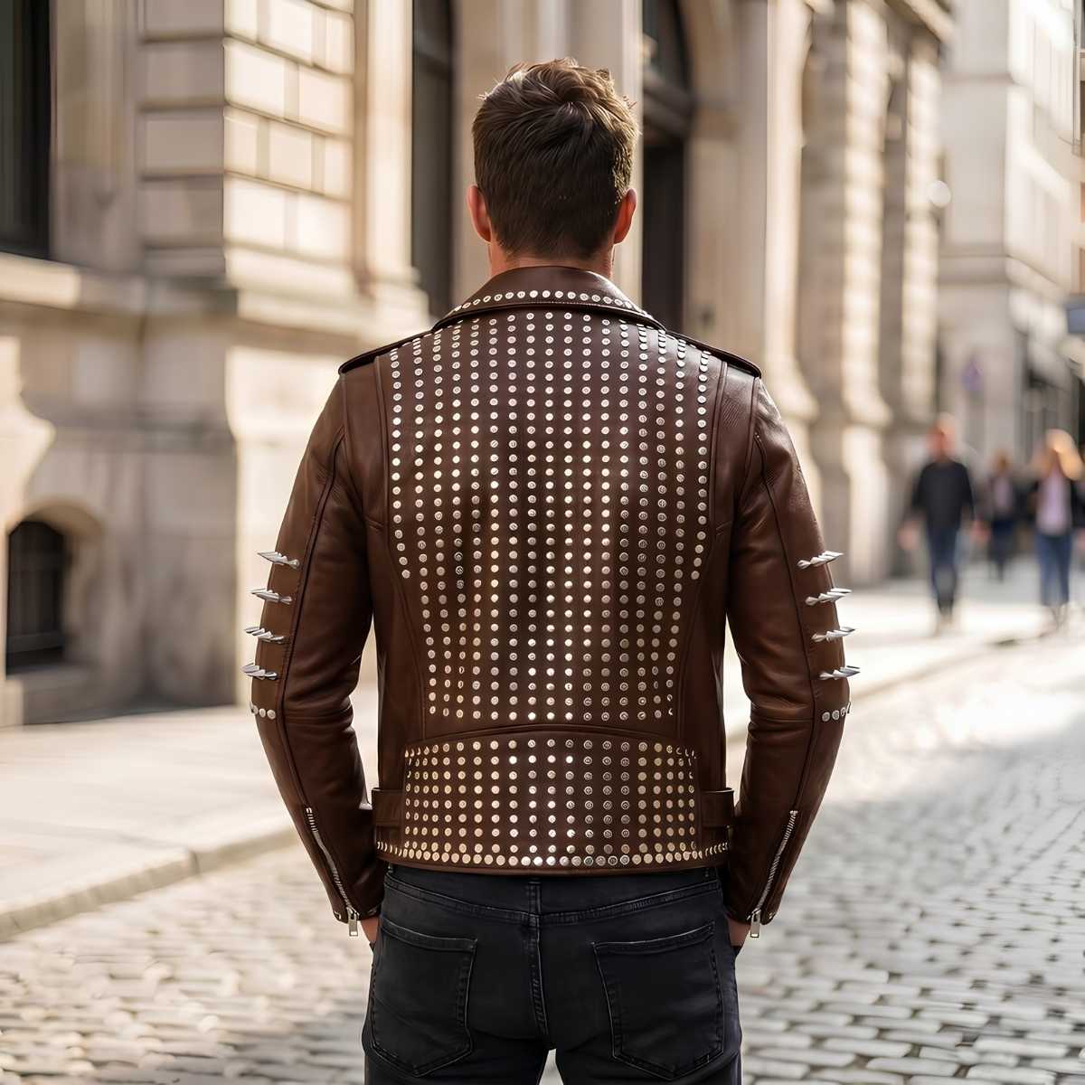 Back view of men's brown leather biker jacket with silver studs