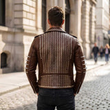 Back view of men's brown leather biker jacket with silver studs