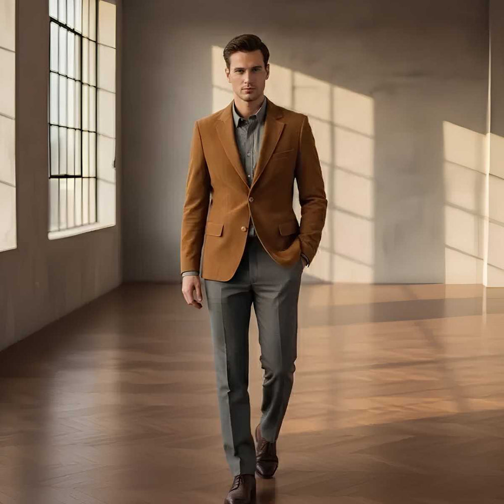 A man wearing a brown blazer, gray dress shirt, and gray trousers walks through a sunlit room with large windows and wood floors.