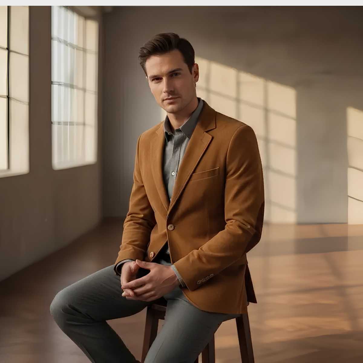A man wearing a camel brown blazer over a gray button-down shirt and gray trousers, sitting on a wooden stool in a sunlit studio with large windows.