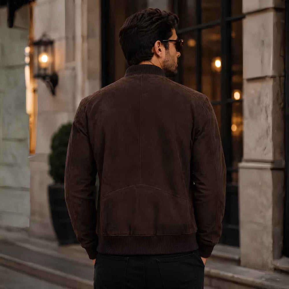 Back view of men's brown suede bomber jacket