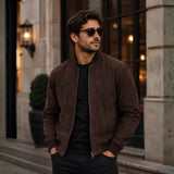 Men's brown suede bomber jacket, front view