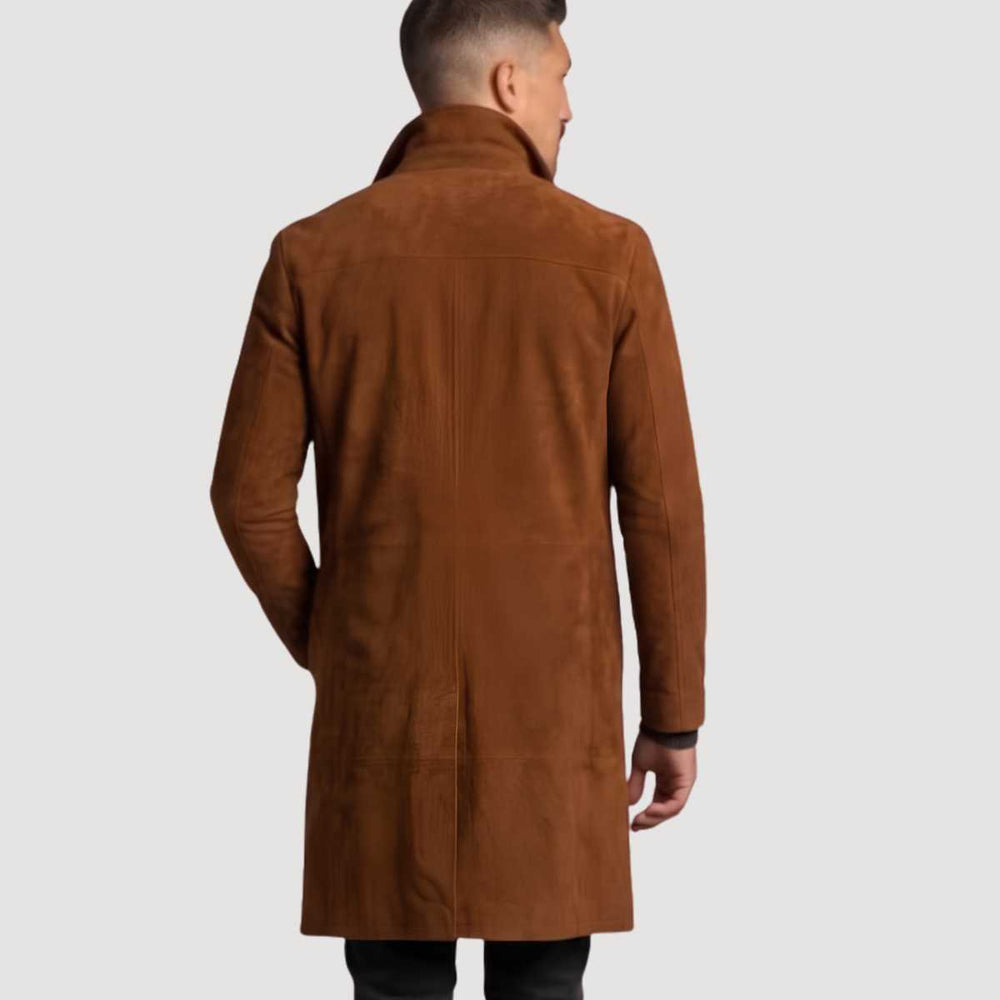 Back view of men's long brown suede overcoat