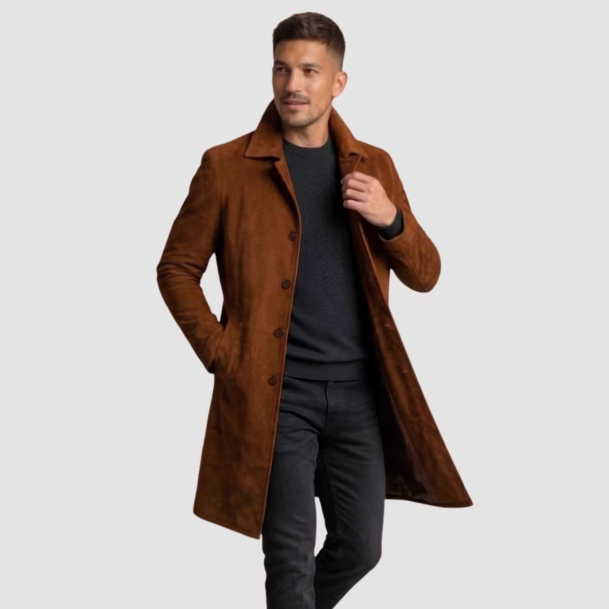 Man wearing brown suede coat with black sweater and jeans