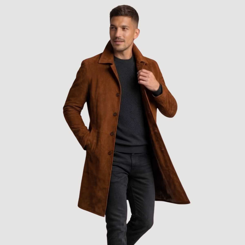 Man wearing brown suede coat with black sweater and jeans