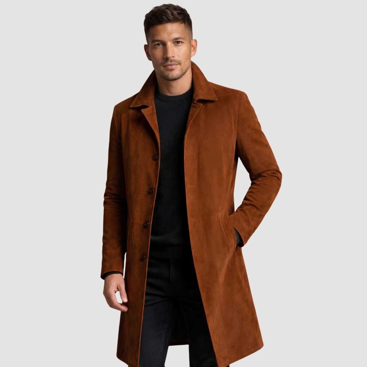 Man wearing brown suede coat with black sweater and jeans