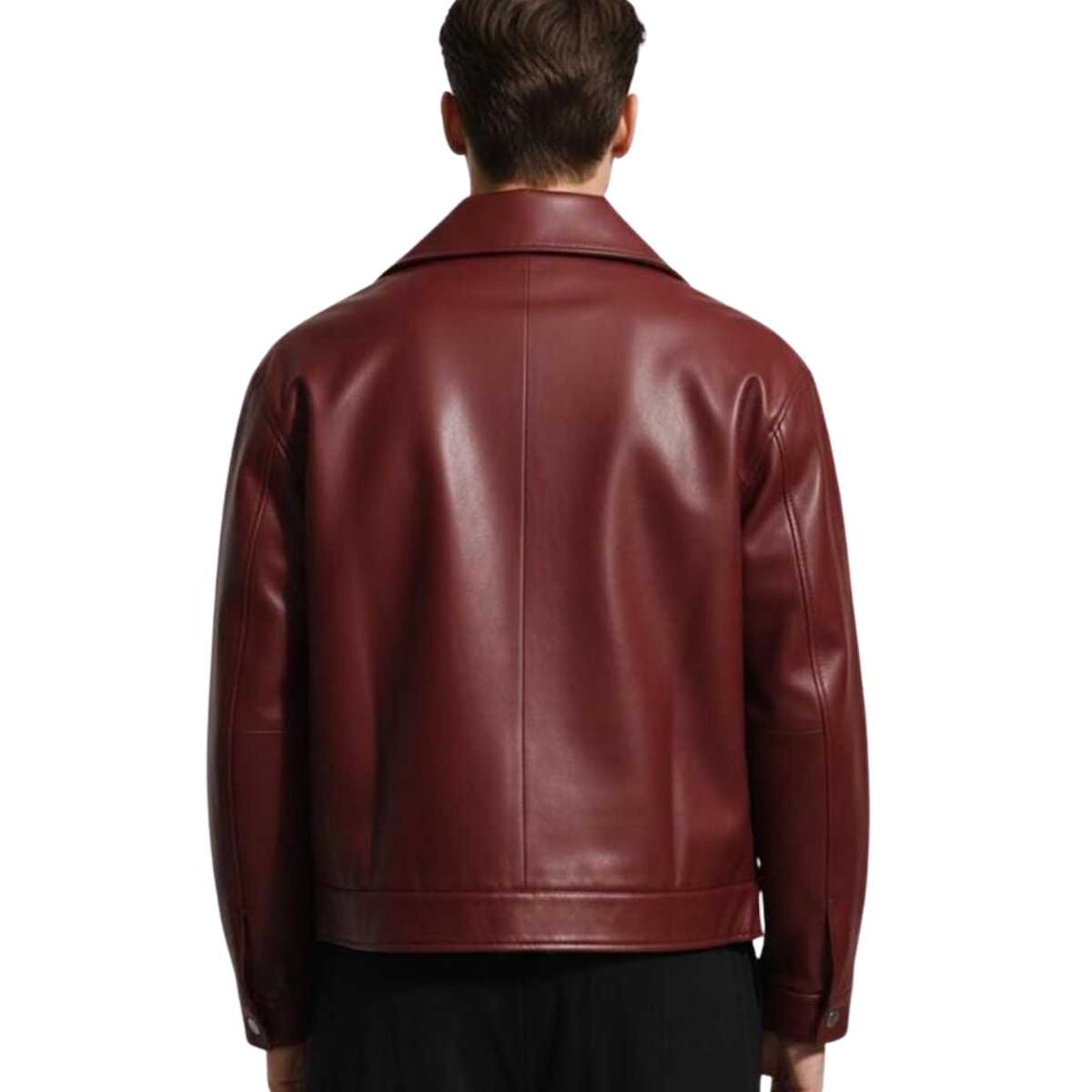 Back view of men's burgundy leather jacket