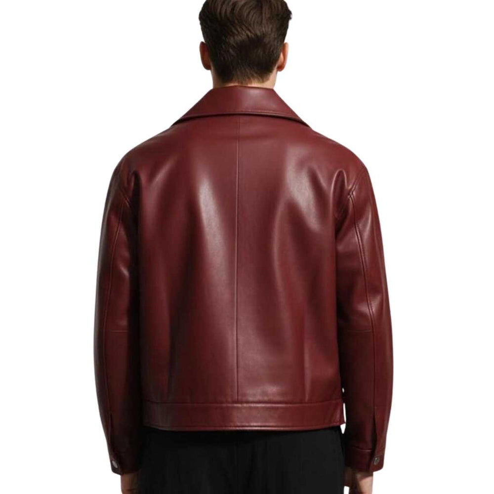 Back view of men's burgundy leather jacket