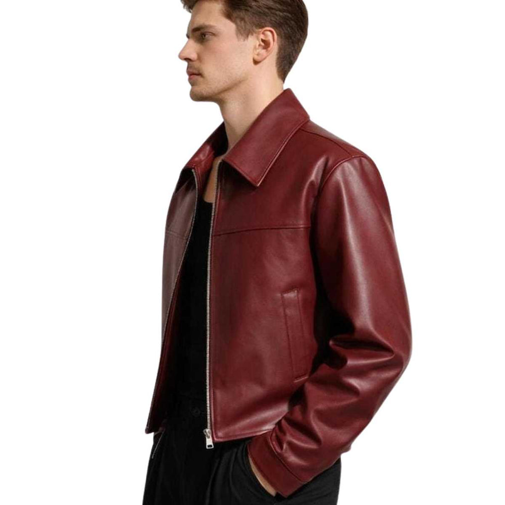 Side profile of men's burgundy leather jacket showing fit