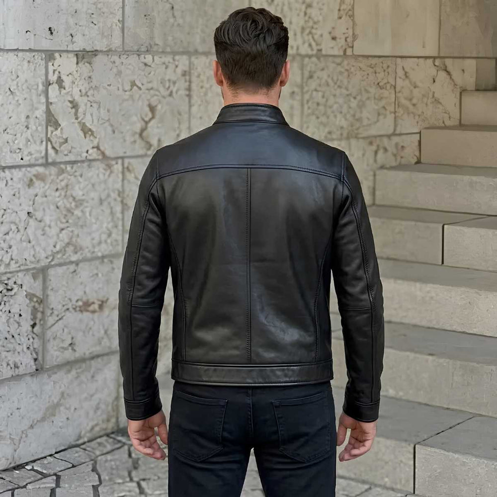 Back view of men's black leather cafe racer jacket