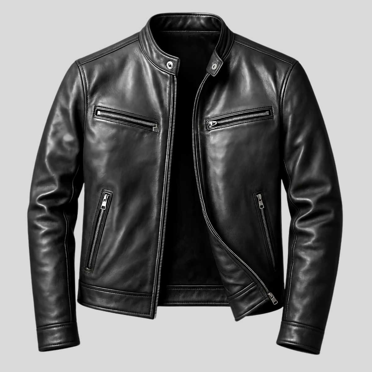 Men's cowhide cafe racer leather jacket, front view