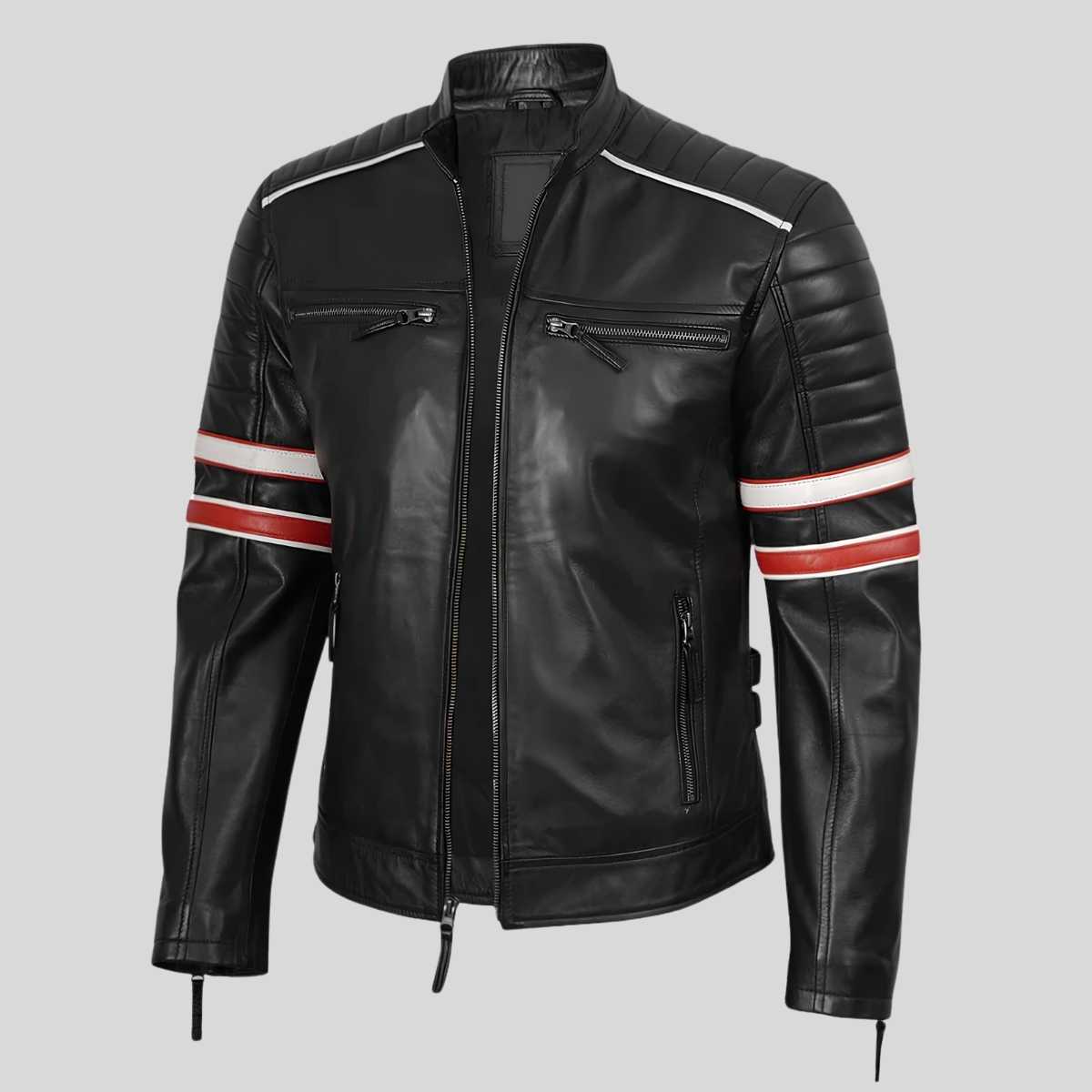 Side profile of men's cafe racer jacket showing mandarin collar