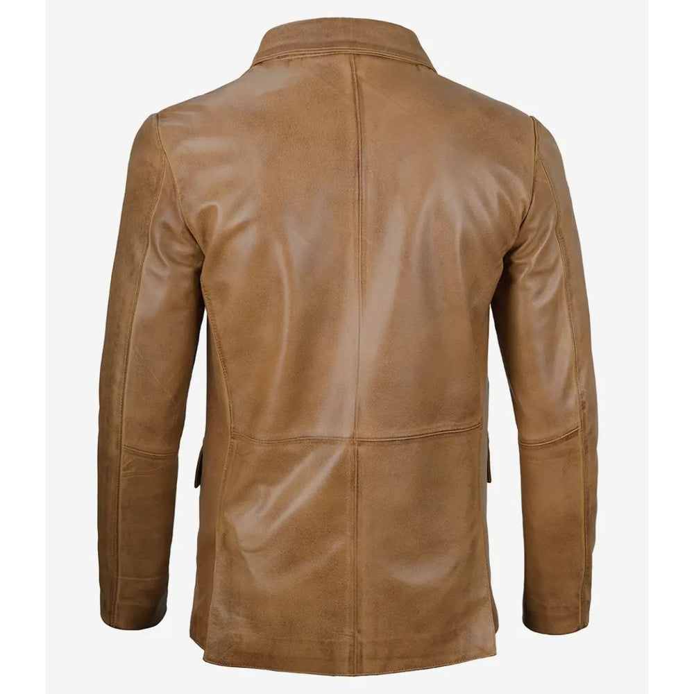 Back view of men's camel leather blazer showing tailored fit