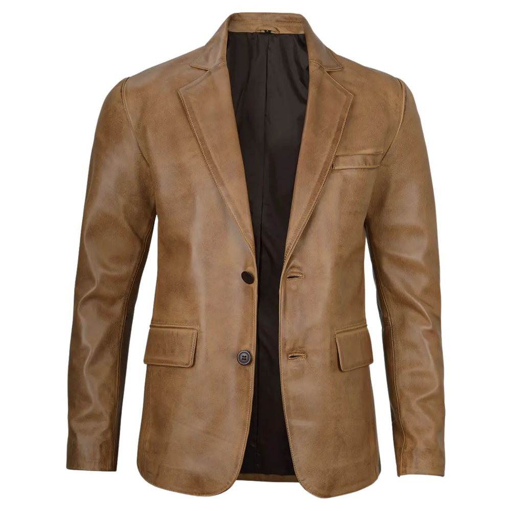 A men's slim-fit blazer jacket in a distressed brown leather or faux leather material, styled open over a black shirt, shown against a plain white background.