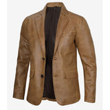 A men's slim-fit blazer jacket in a distressed brown leather or faux leather material, shown open to reveal a black lining, set against a plain white background.