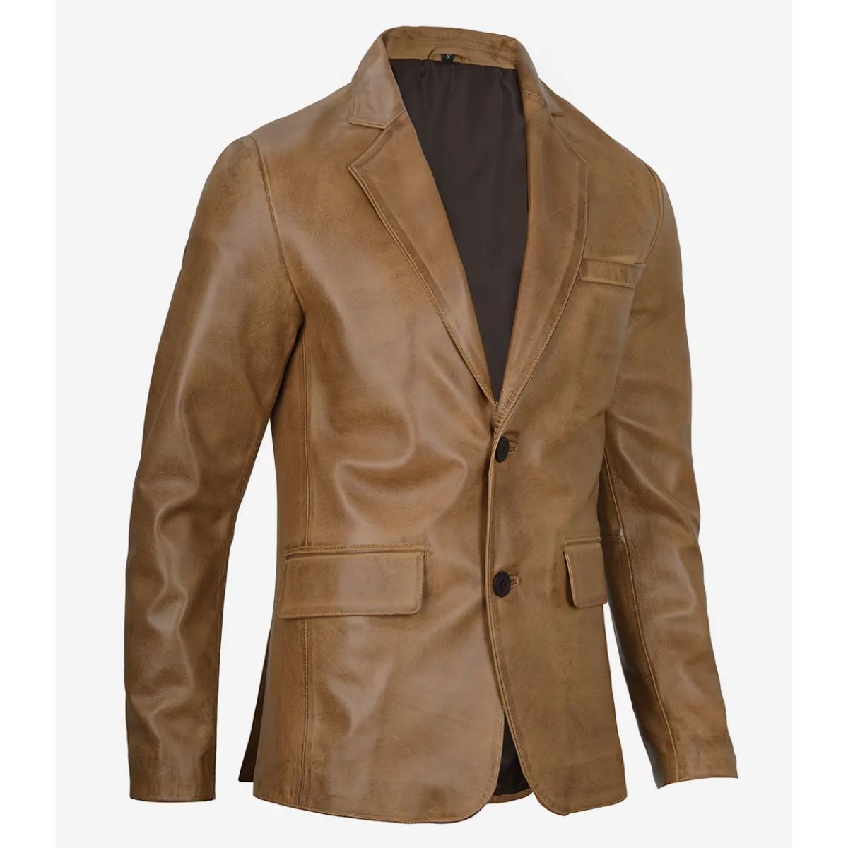 A men's slim-fit blazer jacket in a distressed brown faux leather or leather material, featuring notch lapels, a two-button closure, and flap pockets, shown on a plain white background.