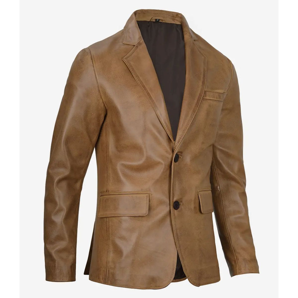 A men's slim-fit blazer jacket in a distressed brown faux leather or leather material, featuring notch lapels, a two-button closure, and flap pockets, shown on a plain white background.