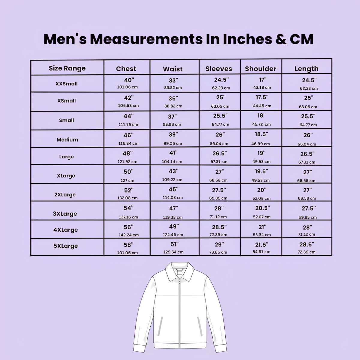 A size chart table for men's clothing with chest, waist, sleeves, shoulder, and length measurements in inches and centimeters, plus a simple line drawing of a white long-sleeve shirt at the bottom on a light lavender background.